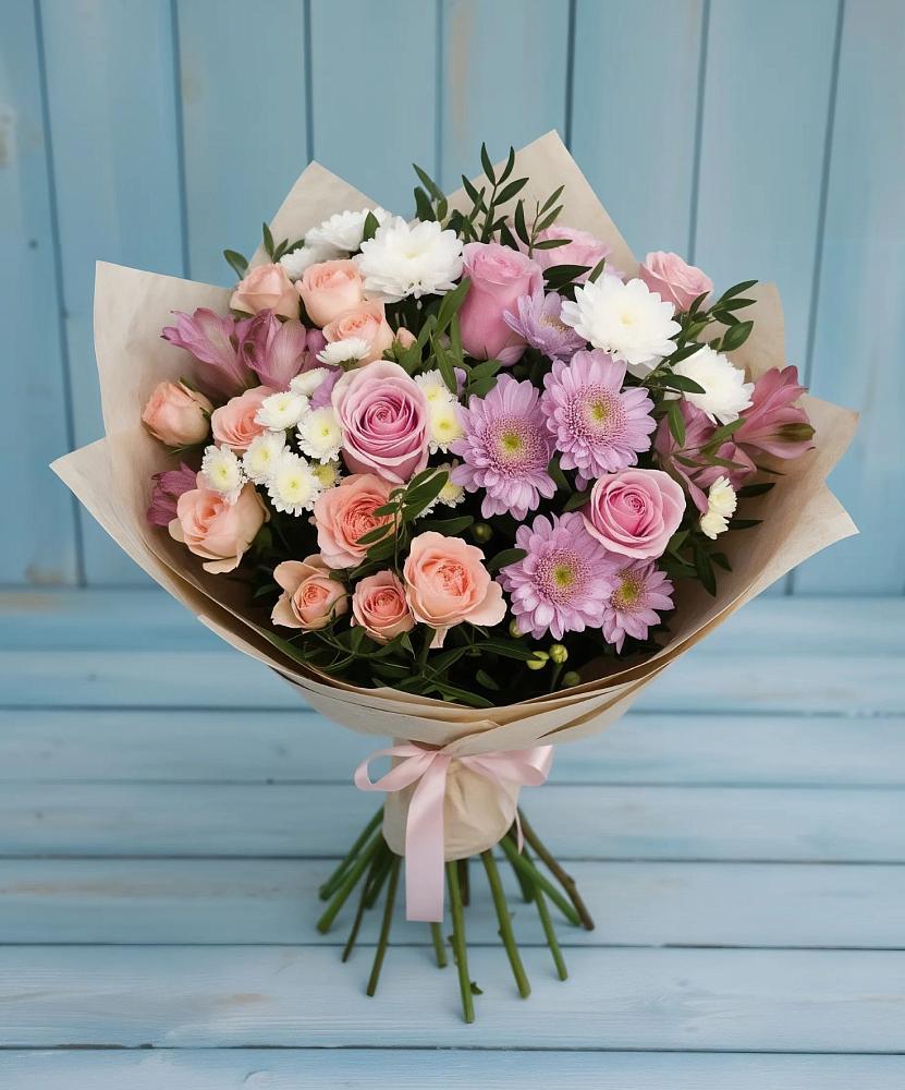 Букет цветов из: Хризантемы, Розы и Альстромерии в Геймановской