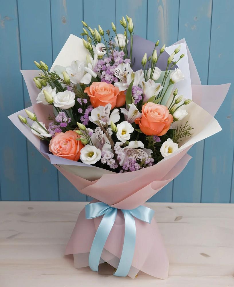 Букет цветов из: Лизиантусы, Розы, Альстромерии и Гипсофила в Геймановской