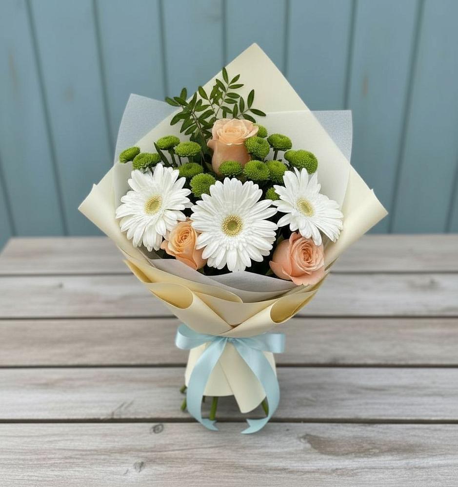 Букет цветов из: Герберы, Розы и Хризантемы в Геймановской