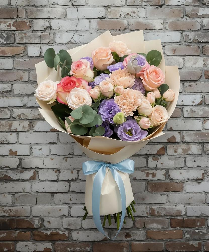 Букет цветов из: Розы, Лизиантусы и Гвоздики в Геймановской