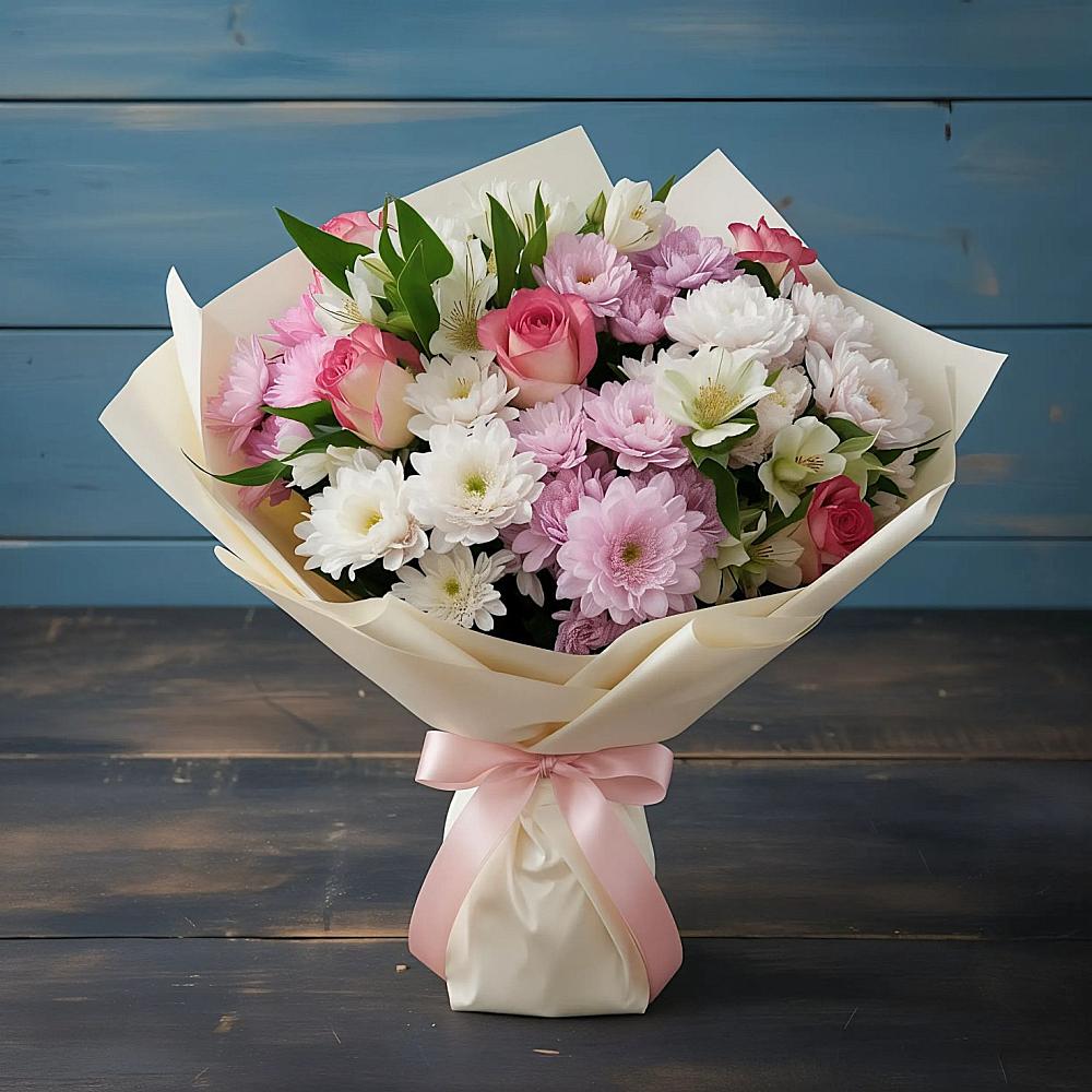 Букет цветов из: Хризантемы, Альстромерии и Розы в Геймановской